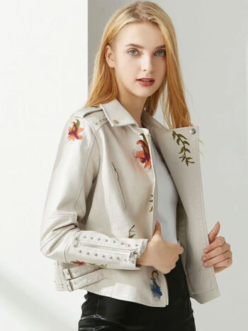 Chaqueta cuero estampado floral blanca