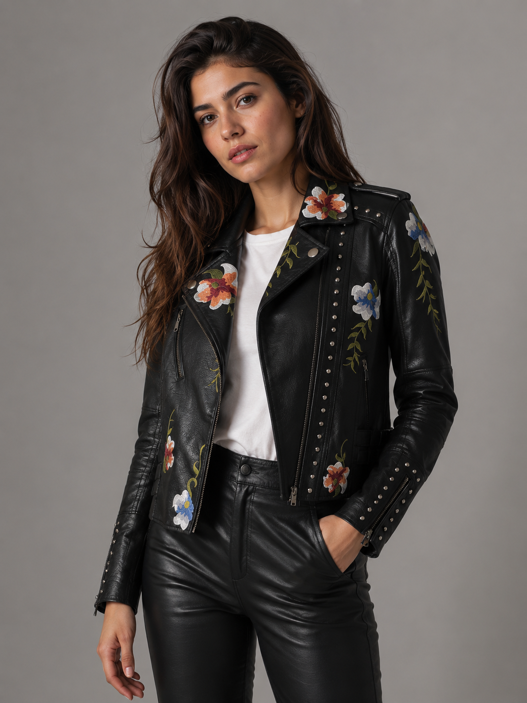 Chaqueta cuero estampado floral