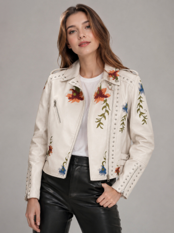 Chaqueta cuero estampado floral blanca